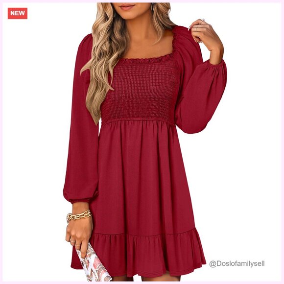 Dresses & Skirts - Long Sleeve Square Neck Smocked Dress High Waist Tiered Ruffle Swing